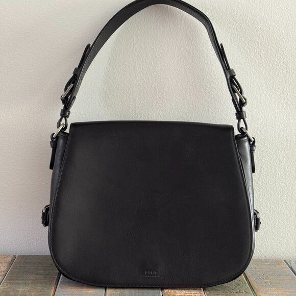 NWOT Polo Ralph Lauren black leather saddle bag with buckle - Picture 2 of 12